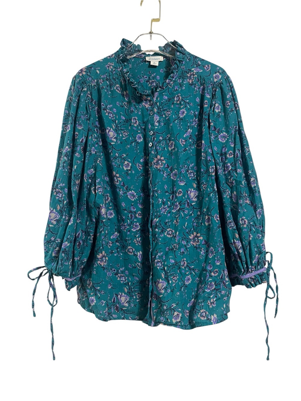 Sundance Teal Floral Button-Front Ruffle-Neck Blouse